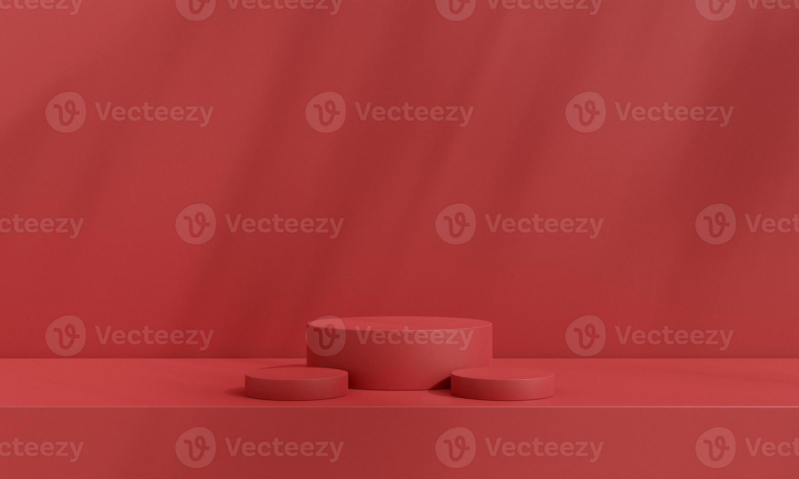 Pedestal of platform display with modern stand podium on red room background. Blank Exhibition stage backdrop or empty product presentation. christmas background. 3D rendering. photo