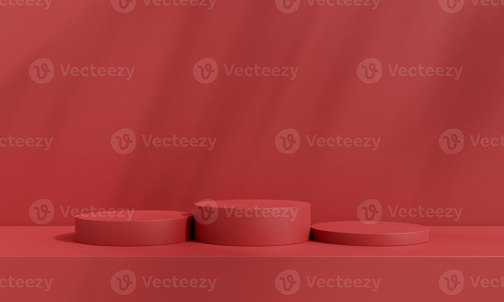 Pedestal of platform display with modern stand podium on red room background. Blank Exhibition stage backdrop or empty product presentation. christmas background. 3D rendering. photo