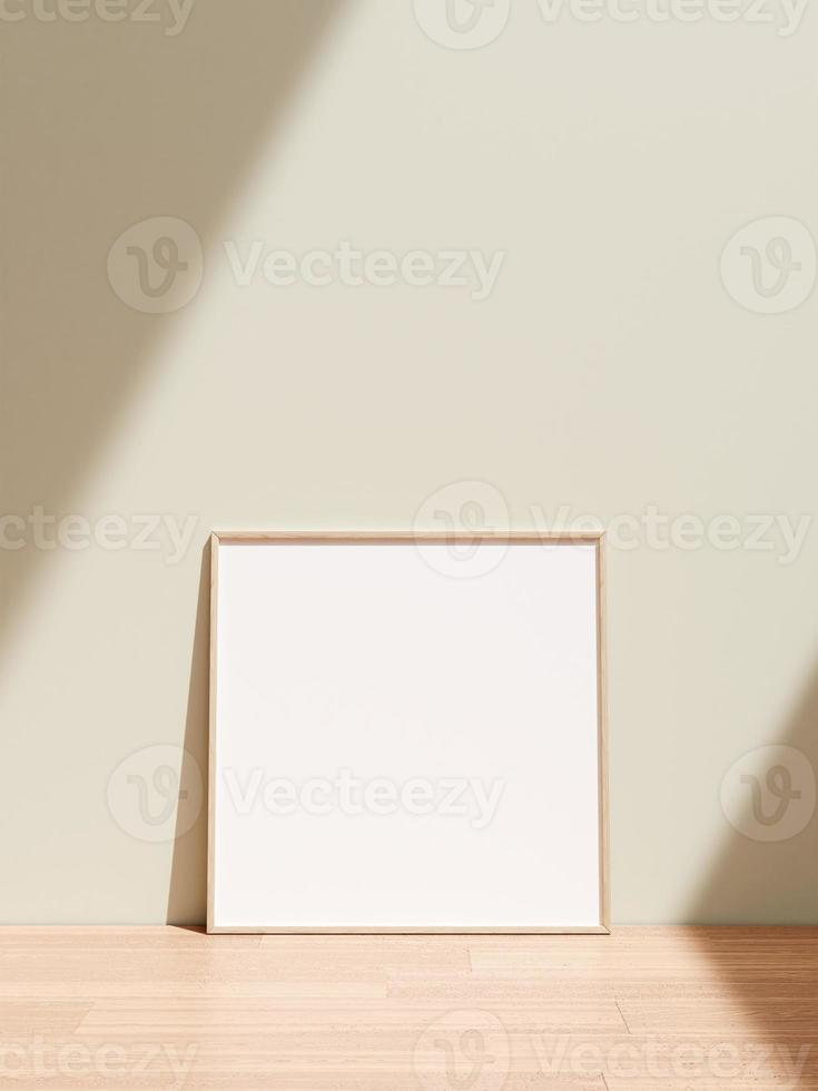Frame mockup on wooden floor. Poster mockup. Clean, modern, minimal frame. Empty frame Indoor interior, show text or product. photo