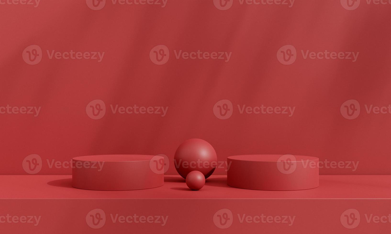 Pedestal of platform display with modern stand podium on red room background. Blank Exhibition stage backdrop or empty product presentation. christmas background. 3D rendering. photo