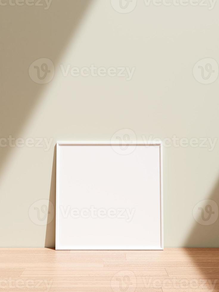 Frame mockup on wooden floor. Poster mockup. Clean, modern, minimal frame. Empty frame Indoor interior, show text or product. photo