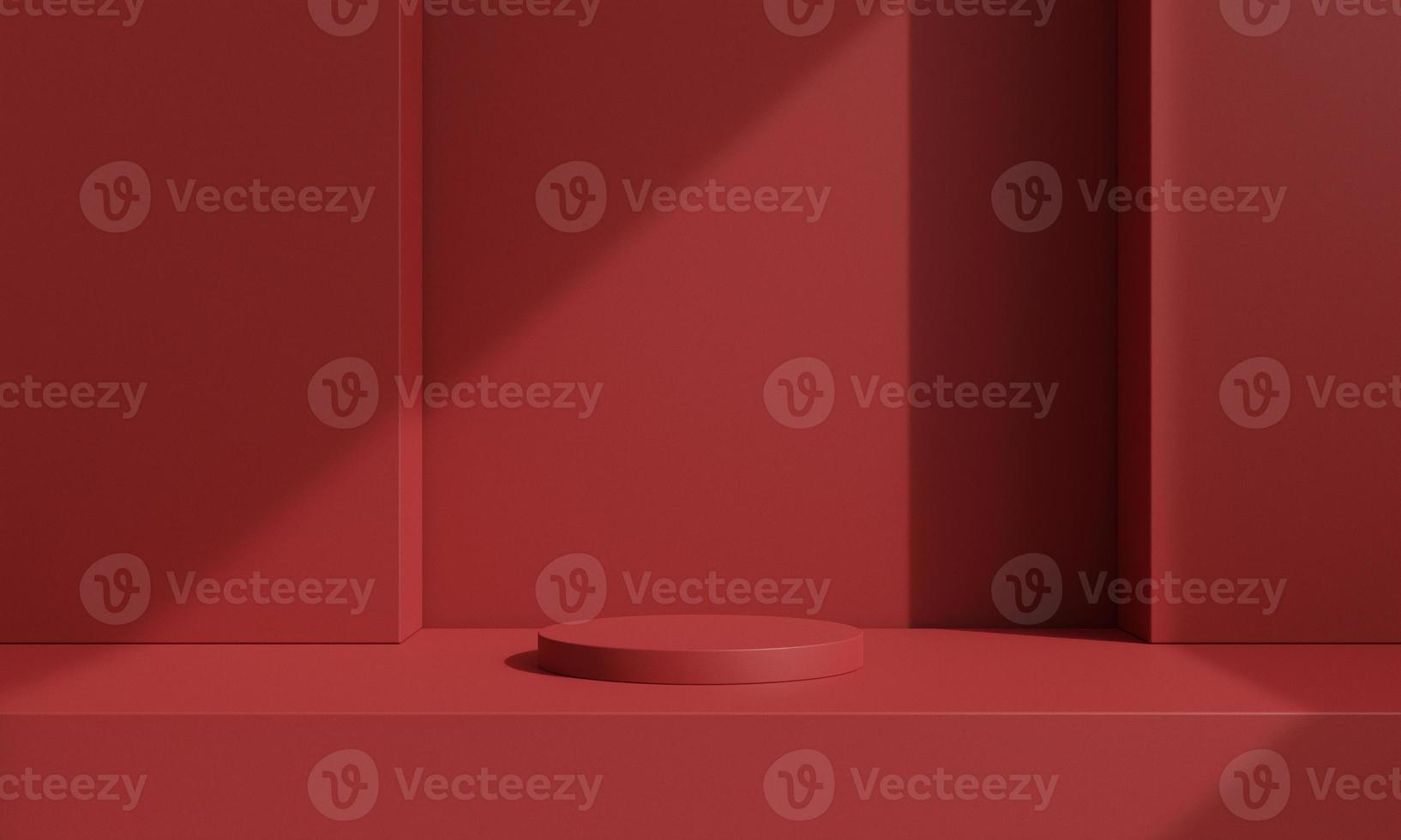Pedestal of platform display with modern stand podium on red room background. Blank Exhibition stage backdrop or empty product presentation. christmas background. 3D rendering. photo
