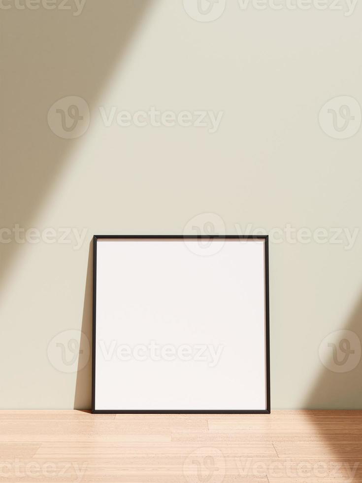 Frame mockup on wooden floor. Poster mockup. Clean, modern, minimal frame. Empty frame Indoor interior, show text or product. photo