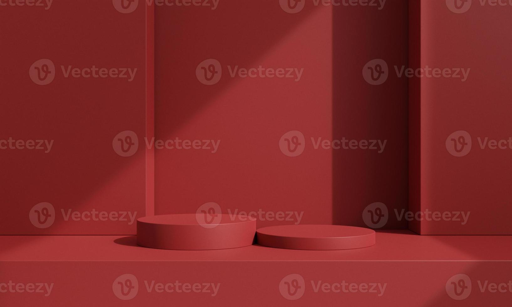 Pedestal of platform display with modern stand podium on red room background. Blank Exhibition stage backdrop or empty product presentation. christmas background. 3D rendering. photo