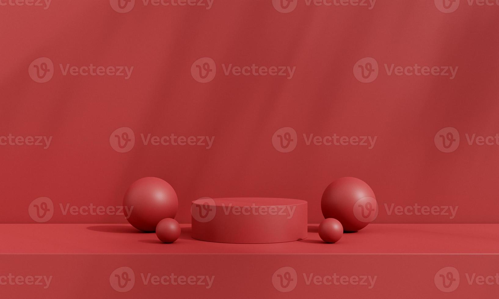 Pedestal of platform display with modern stand podium on red room background. Blank Exhibition stage backdrop or empty product presentation. christmas background. 3D rendering. photo