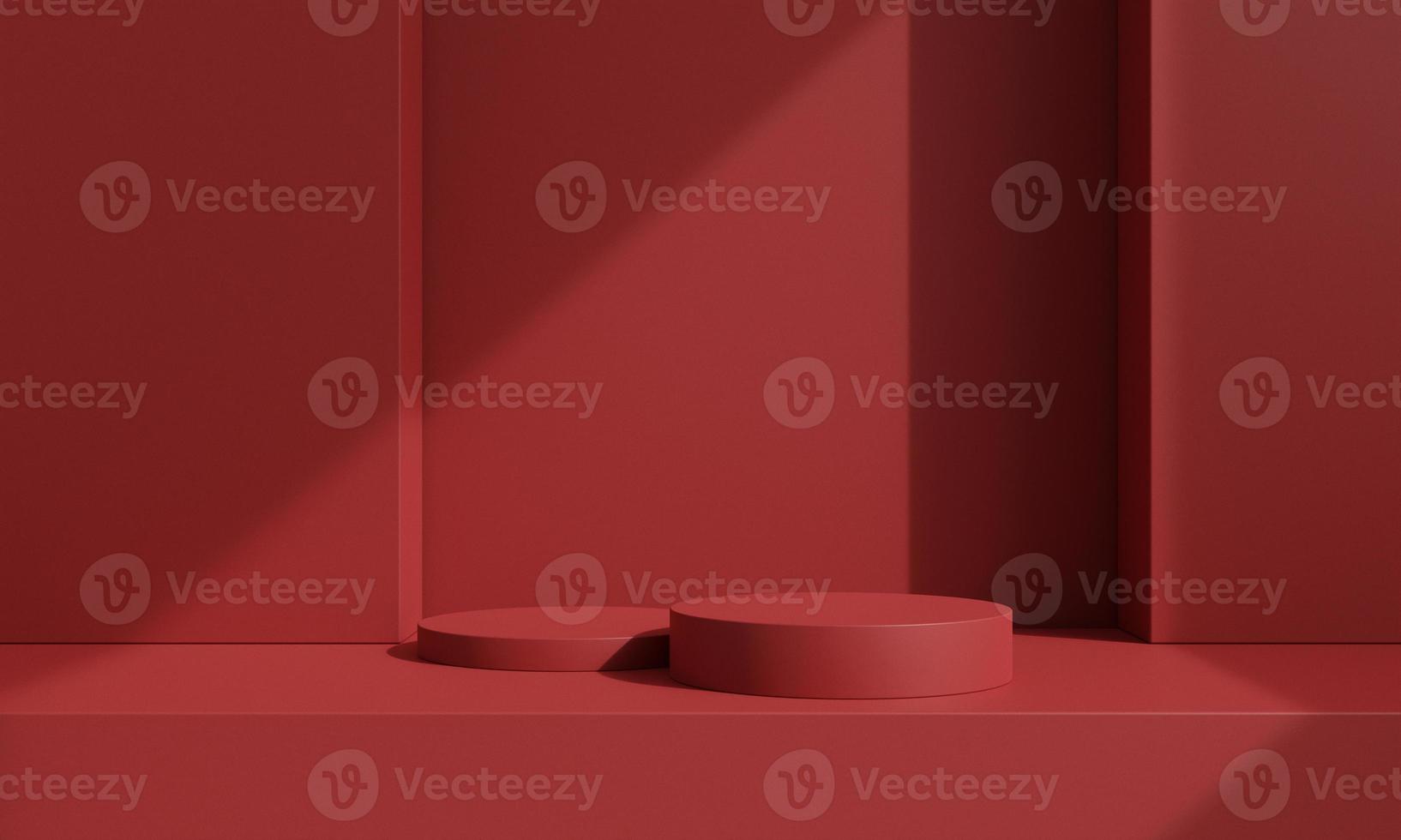 Pedestal of platform display with modern stand podium on red room background. Blank Exhibition stage backdrop or empty product presentation. christmas background. 3D rendering. photo