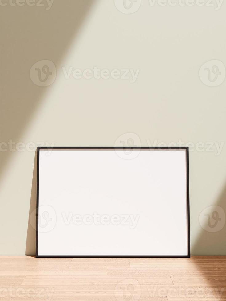 Frame mockup on wooden floor. Poster mockup. Clean, modern, minimal frame. Empty frame Indoor interior, show text or product. photo