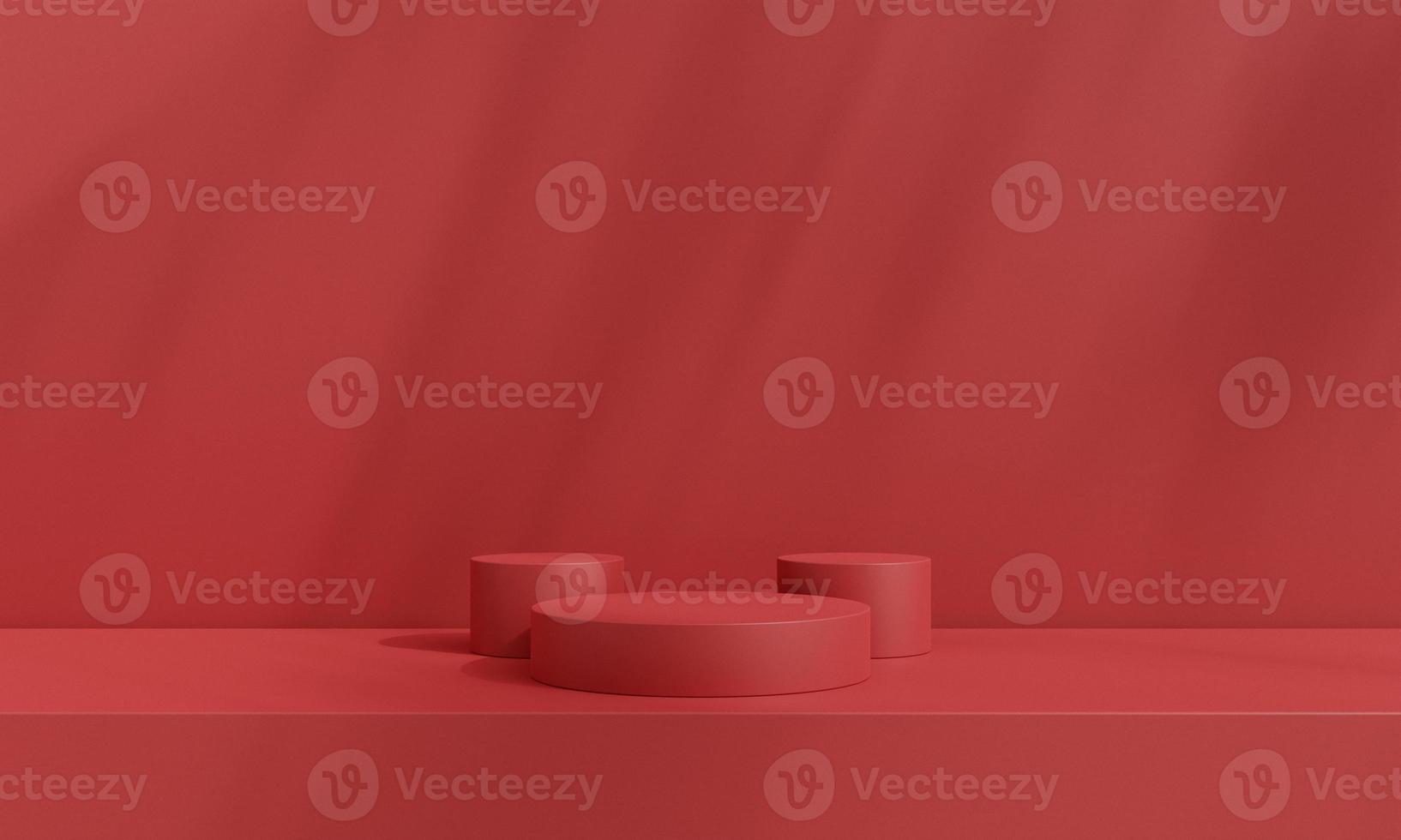 Pedestal of platform display with modern stand podium on red room background. Blank Exhibition stage backdrop or empty product presentation. christmas background. 3D rendering. photo