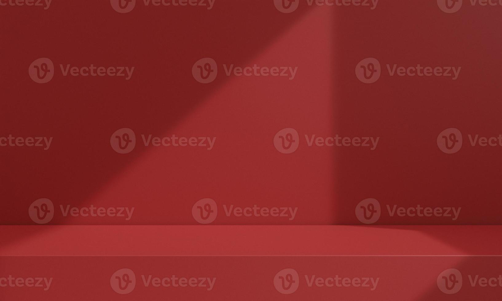 Pedestal of platform display with modern stand podium on red room background. Blank Exhibition stage backdrop or empty product presentation. christmas background. 3D rendering. photo