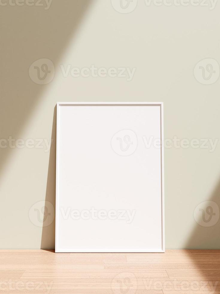 Frame mockup on wooden floor. Poster mockup. Clean, modern, minimal frame. Empty frame Indoor interior, show text or product. photo