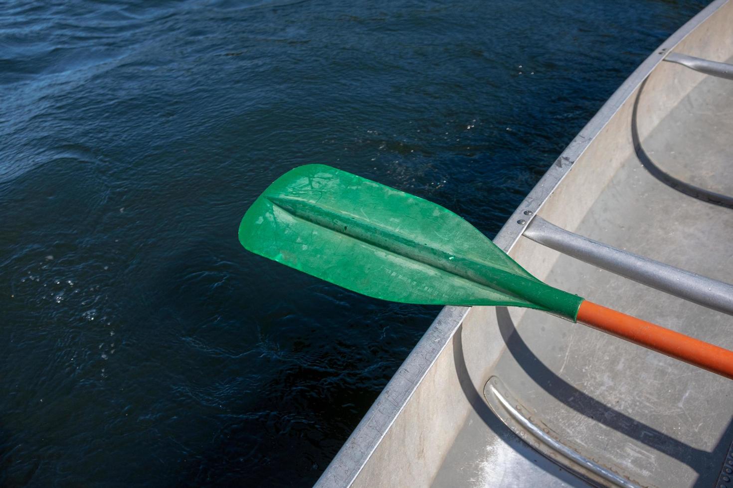 Paddle and canoe on lake photo