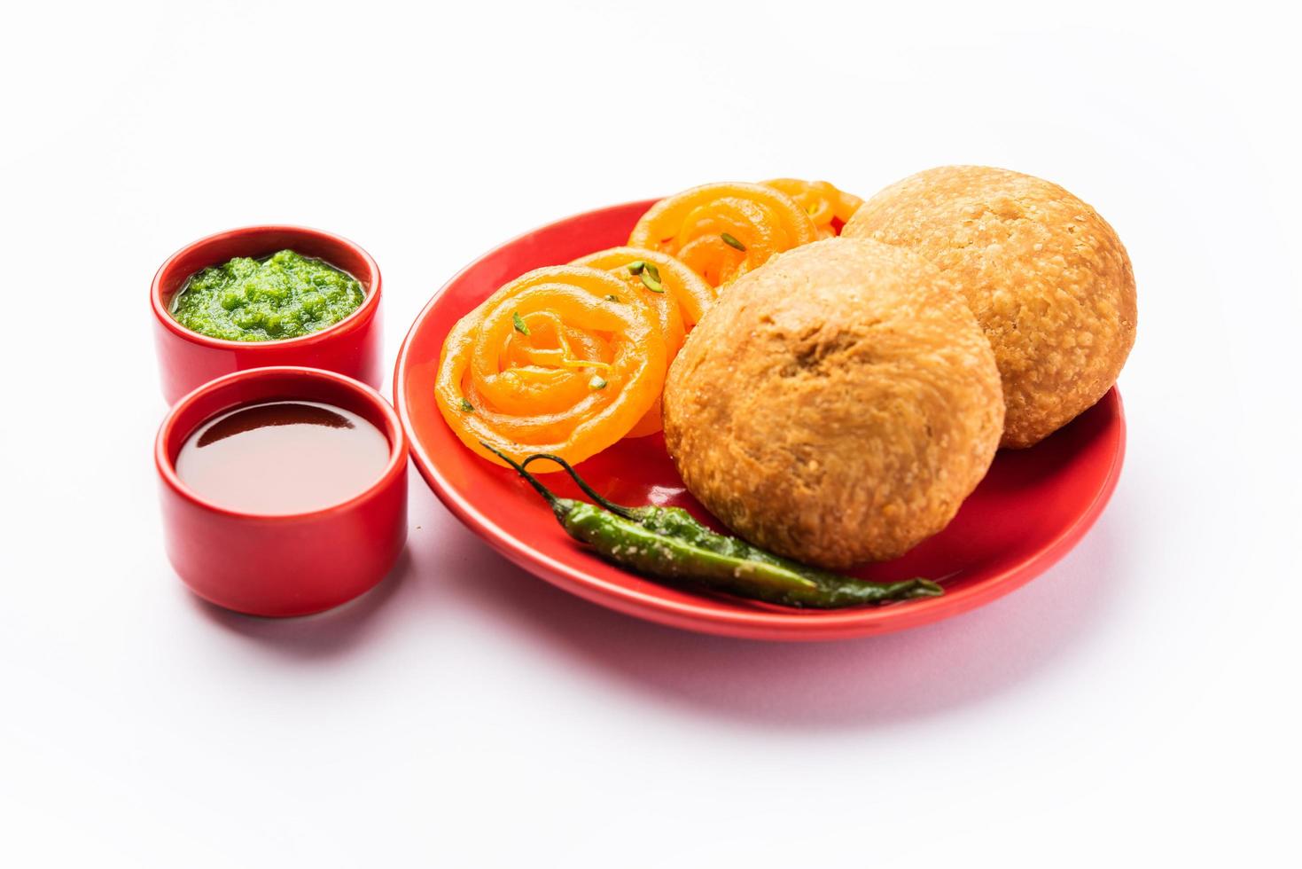 Kachori with Jalebi, snack combination from India also called kachauri, kachodi, katchuri, imarti photo