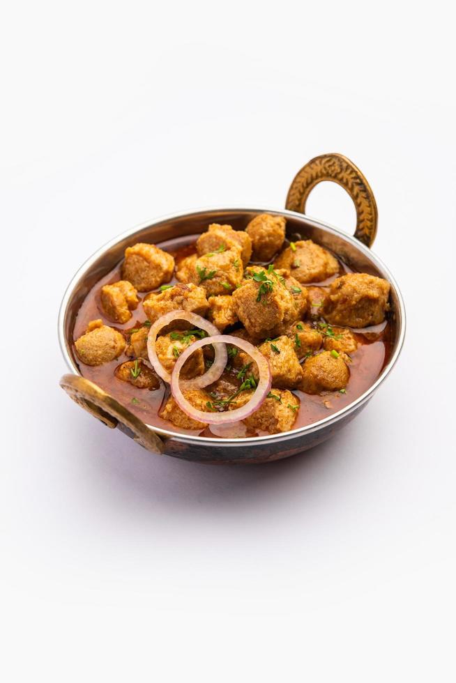 Soya chunks curry or meal maker curry is a delicious Indian dish made with soy nuggets photo