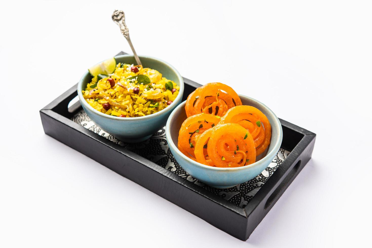 Aloo Poha with Jalebi, snack combination also called imarti and kande pohe photo