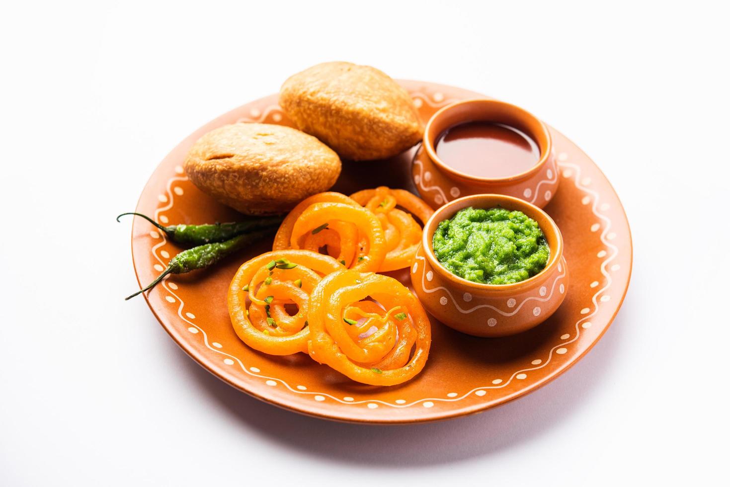 Kachori with Jalebi, snack combination from India also called kachauri, kachodi, katchuri, imarti photo