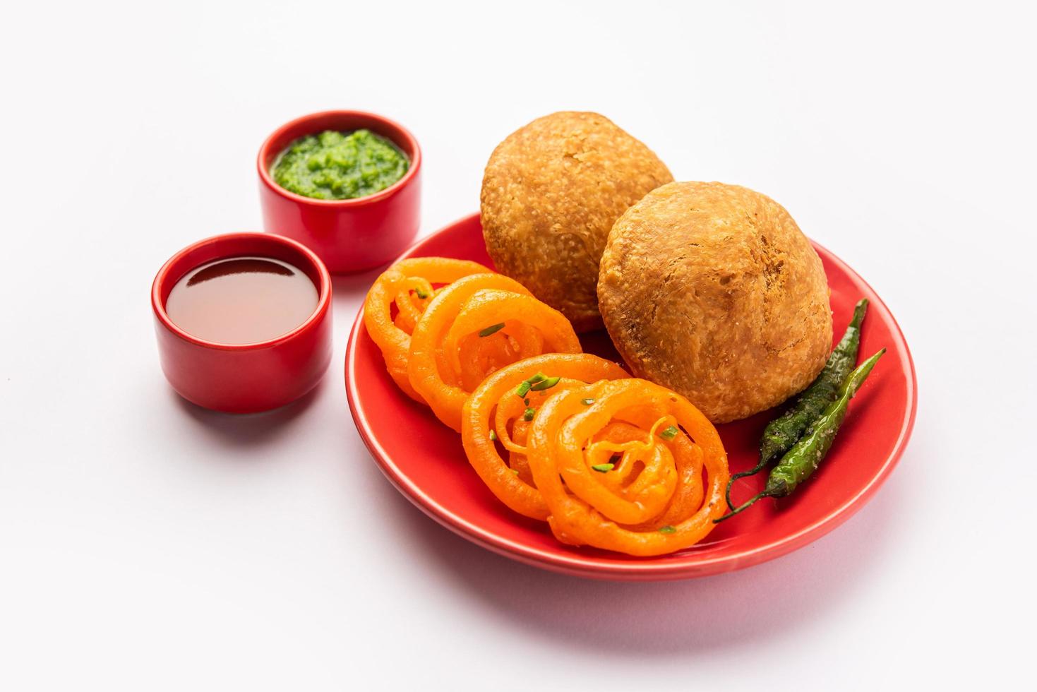 Kachori with Jalebi, snack combination from India also called kachauri, kachodi, katchuri, imarti photo