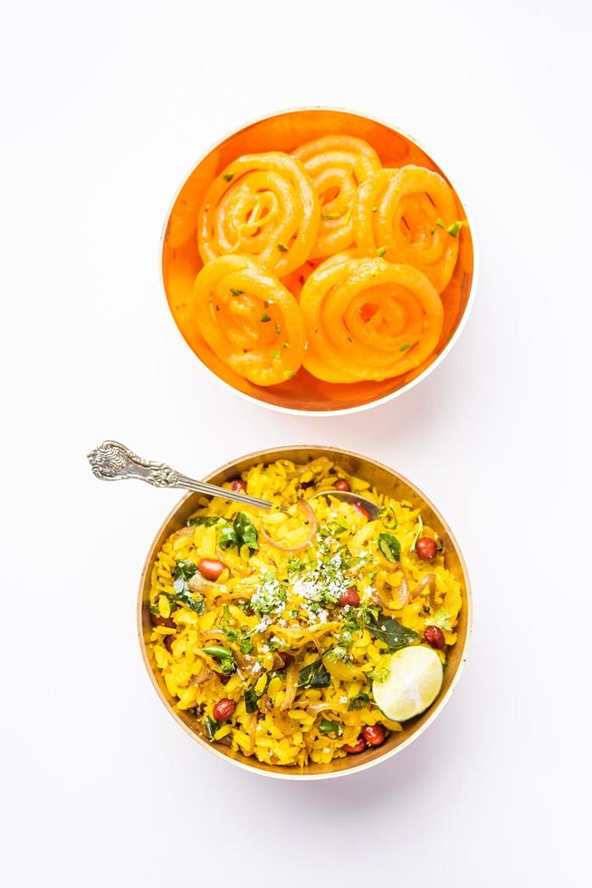 Aloo Poha with Jalebi, snack combination also called imarti and kande pohe photo