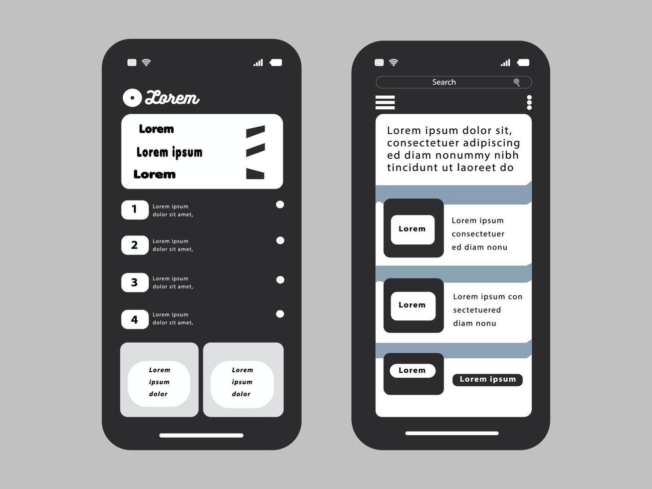 Black white simple user interface design for mobile application. Vector file