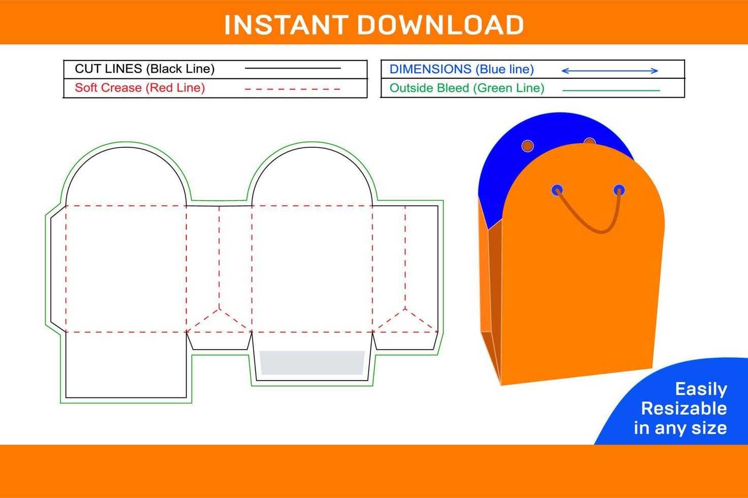Shopping bag, carry bag and shoe bag dieline template, 3D vector file editable easily resizeable Box dieline and 3D box
