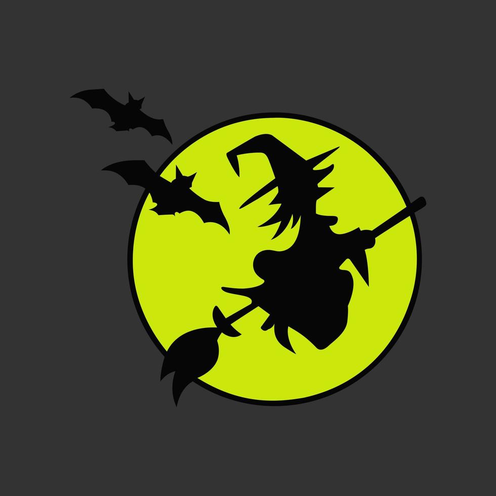 bruja de halloween en la escoba con diseño de ilustración de vector de estilo plano de murciélago aislado sobre fondo negro