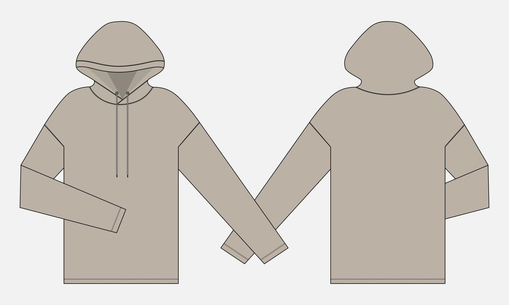 Long sleeve hoodie with Zipper technical fashion Drawing sketch template front and back view. vector