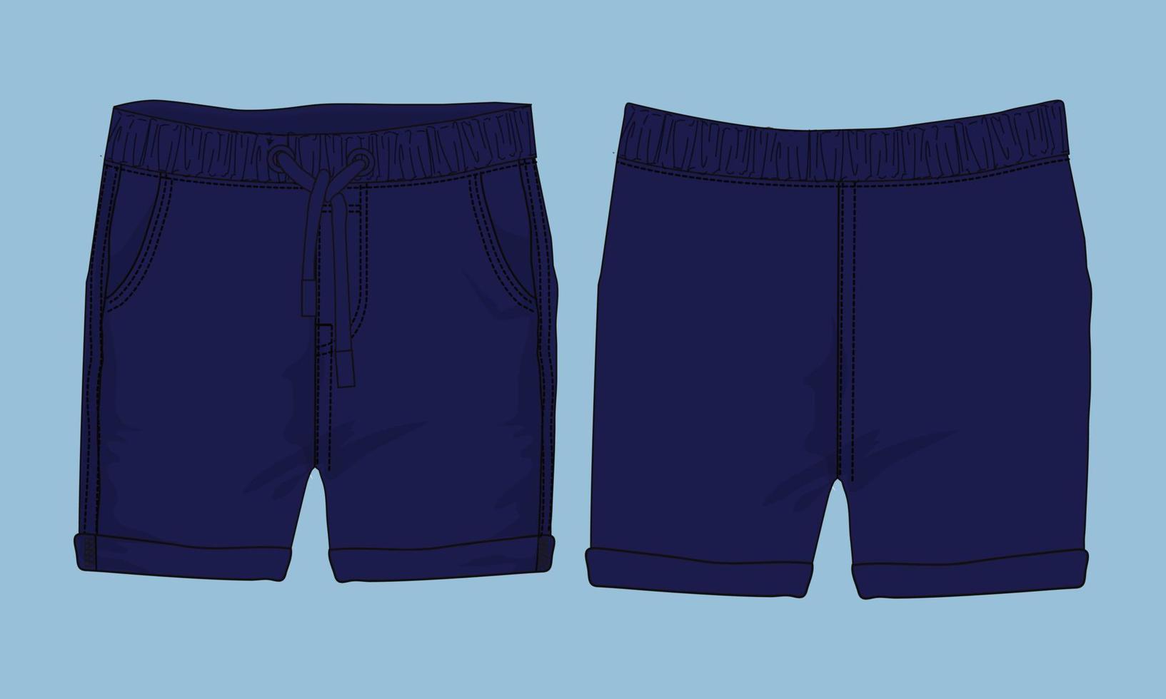 Shorts pant technical fashion flat sketch vector illustration template front and back views.