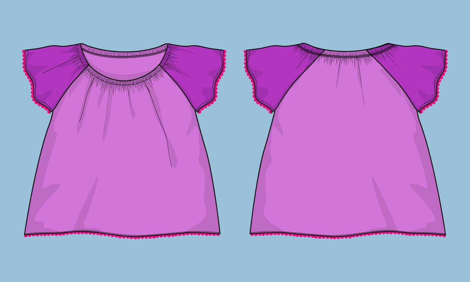 Plantilla de ilustración de vector de dibujo plano técnico de diseño de vestido de niñas. prendas de vestir se burlan de las vistas delantera y trasera aisladas en fondo gris. dibujo de arte vectorial de moda para niños fácil de editar.