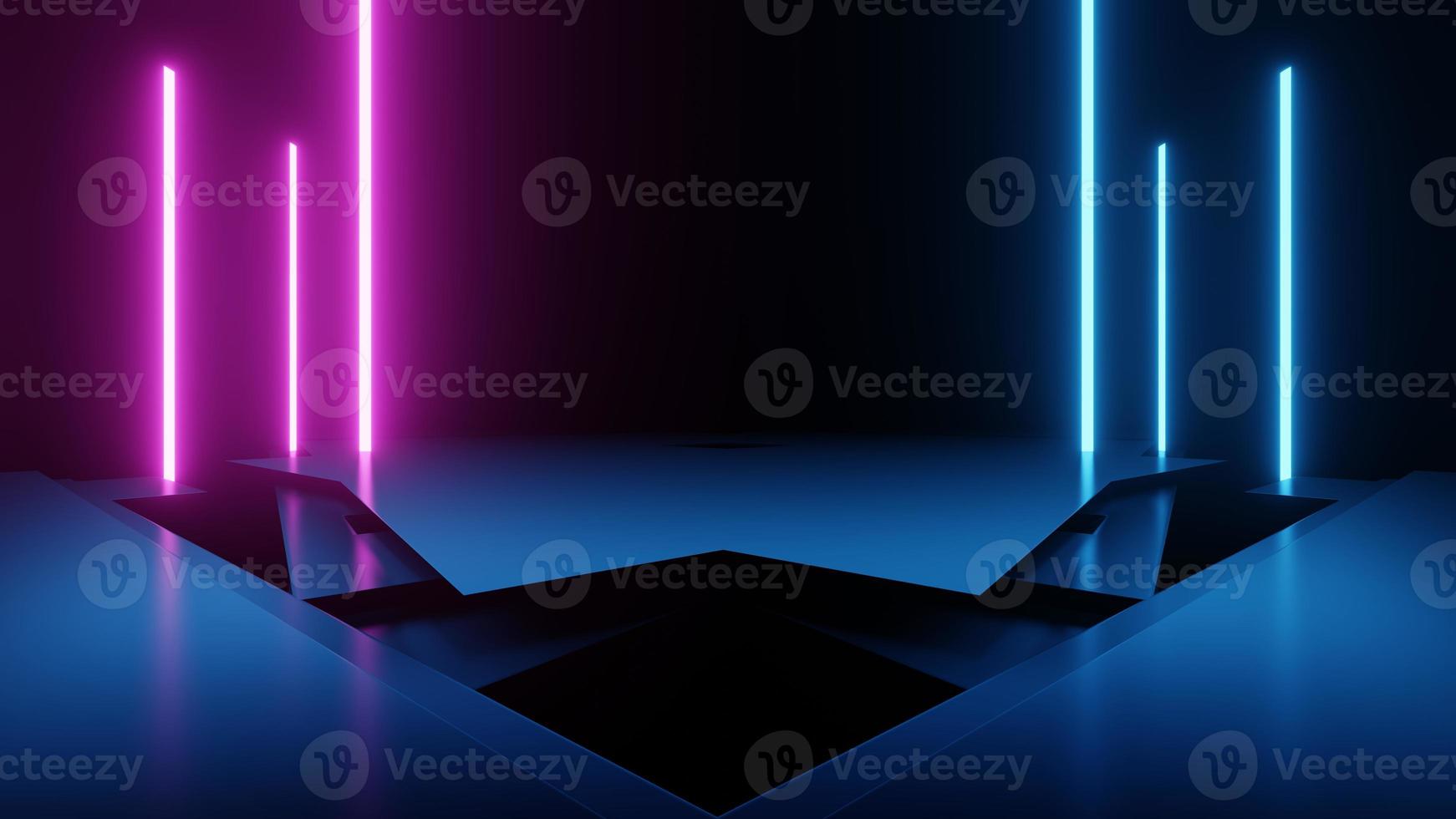 3d rendering of spaceship corridor neon glowing blue purple background futuristic. Cyberpunk concept. Scene for advertising, showroom, technology, future, modern, sport, metaverse. Sci Fi Illustration photo