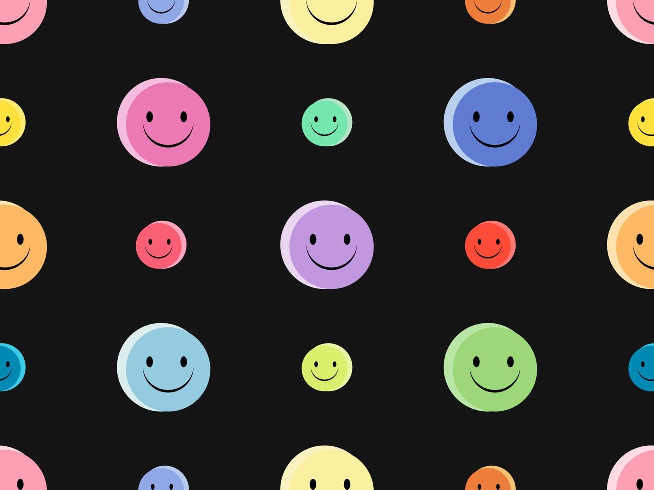 Smile cartoon character seamless pattern on black background vector