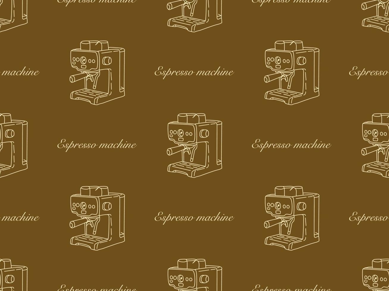 Espresso machine cartoon character seamless pattern on brown background vector