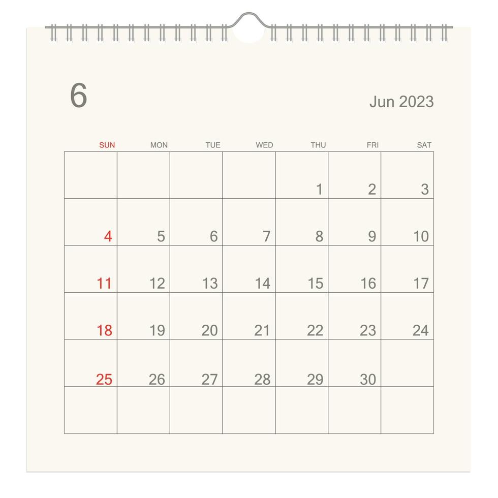 página del calendario de junio de 2023 sobre fondo blanco. fondo de calendario para recordatorio, planificación de negocios, reunión de citas y eventos. la semana comienza desde el domingo. vector. vector