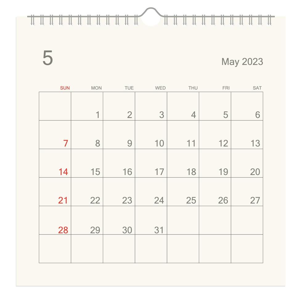 May 2023 calendar page on white background. Calendar background for reminder, business planning, appointment meeting and event. Week starts from Sunday. Vector. vector