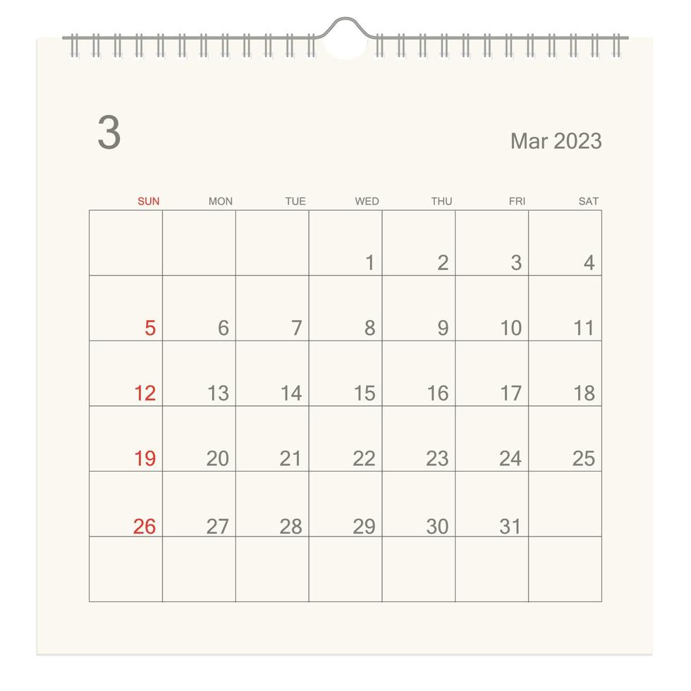 March 2023 calendar page on white background. Calendar background for reminder, business planning, appointment meeting and event. Week starts from Sunday. Vector. vector