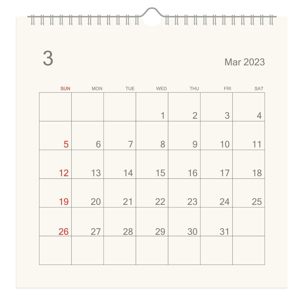 marzo de 2023 página del calendario sobre fondo blanco. fondo de calendario para recordatorio, planificación de negocios, reunión de citas y eventos. la semana comienza desde el domingo. vector. vector