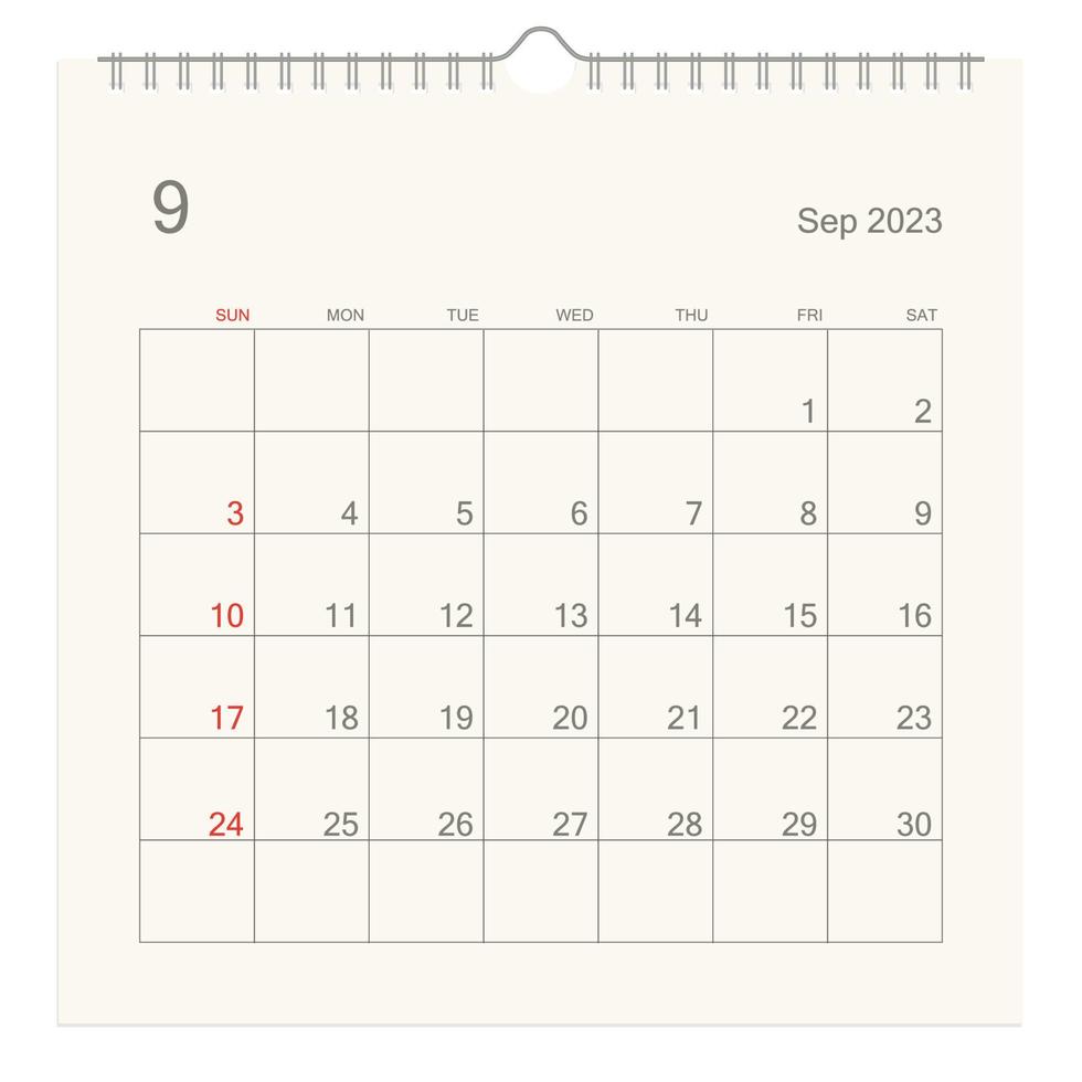 página del calendario de septiembre de 2023 sobre fondo blanco. fondo de calendario para recordatorio, planificación de negocios, reunión de citas y eventos. la semana comienza desde el domingo. vector. vector