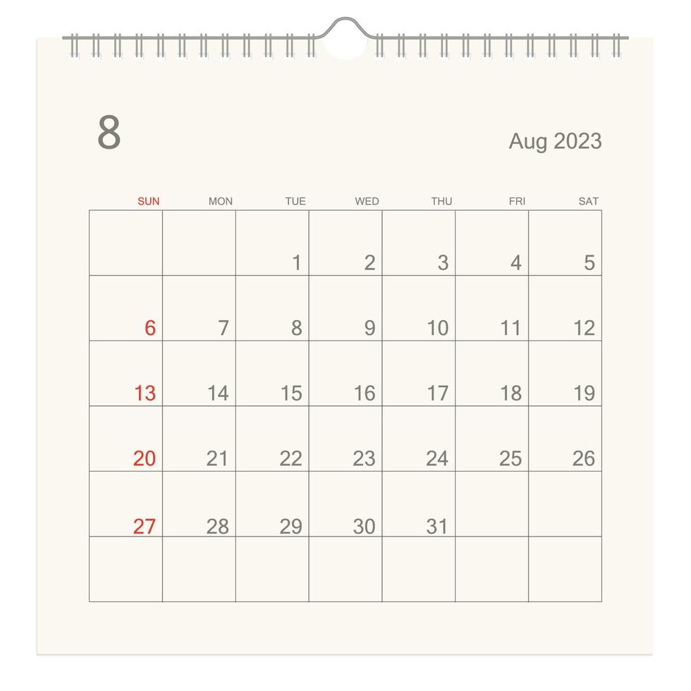 August 2023 calendar page on white background. Calendar background for reminder, business planning, appointment meeting and event. Week starts from Sunday. Vector. vector