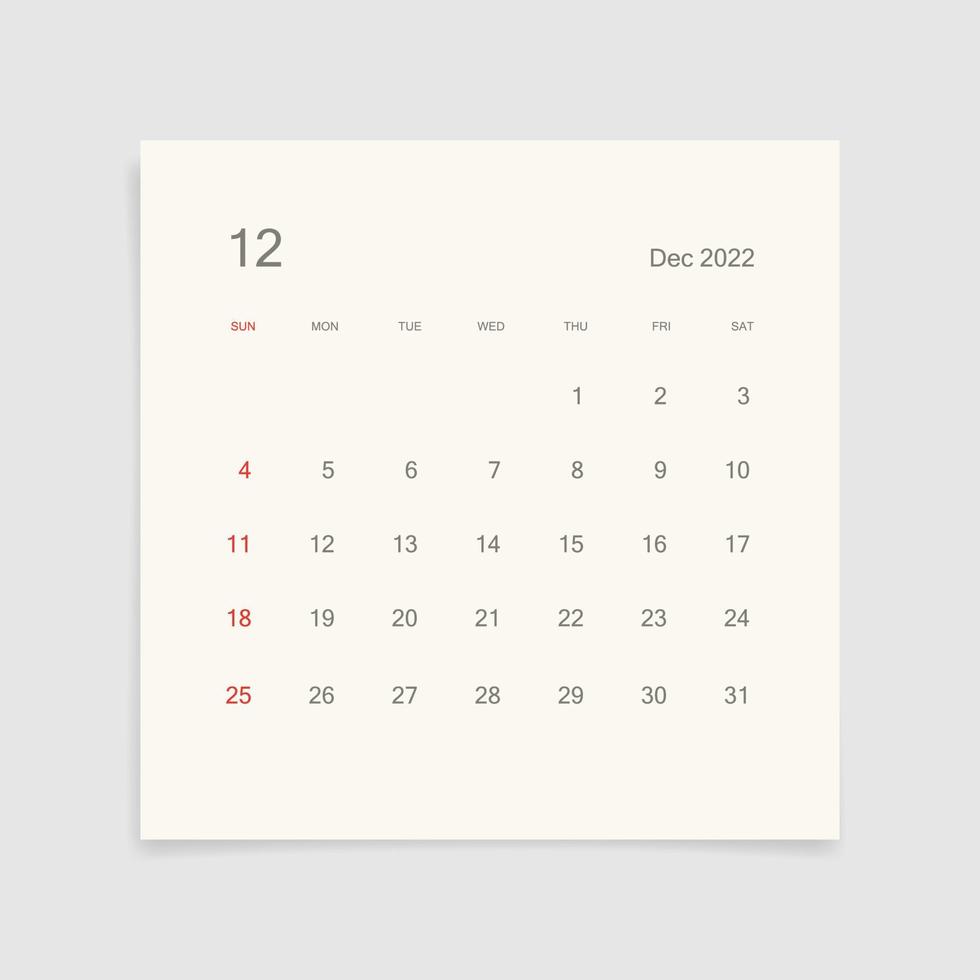 página del calendario de diciembre de 2022 sobre fondo blanco. fondo de calendario para recordatorio, planificación de negocios, reunión de citas y eventos. la semana comienza desde el domingo. vector. vector