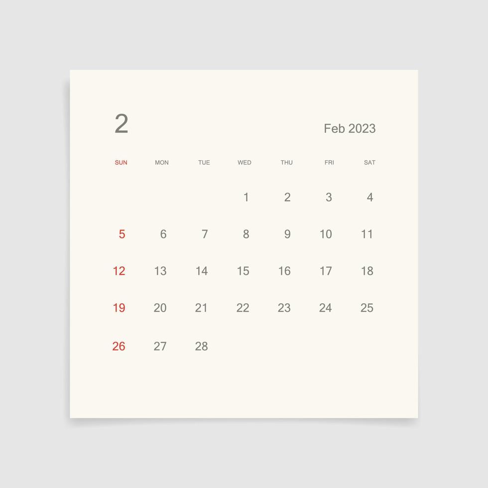 February 2023 calendar page on white background. Calendar background for reminder, business planning, appointment meeting and event. Week starts from Sunday. Vector. vector