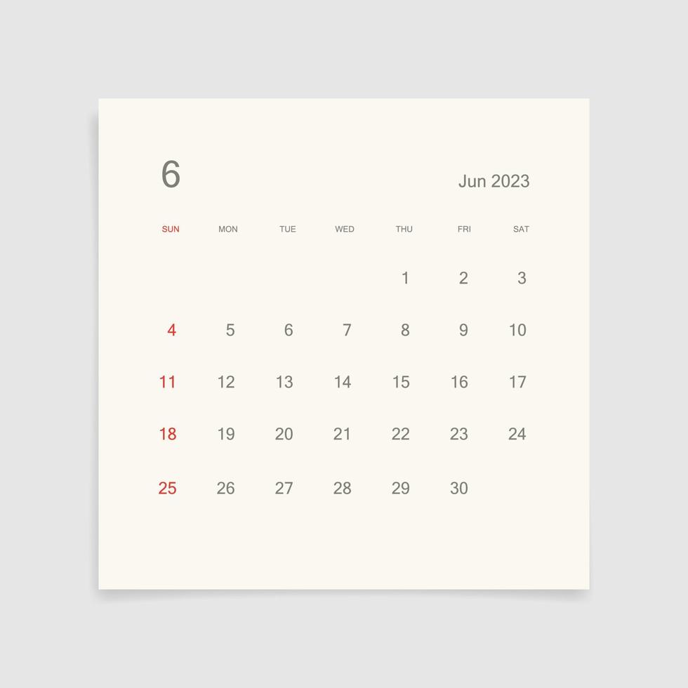 June 2023 calendar page on white background. Calendar background for reminder, business planning, appointment meeting and event. Week starts from Sunday. Vector. vector