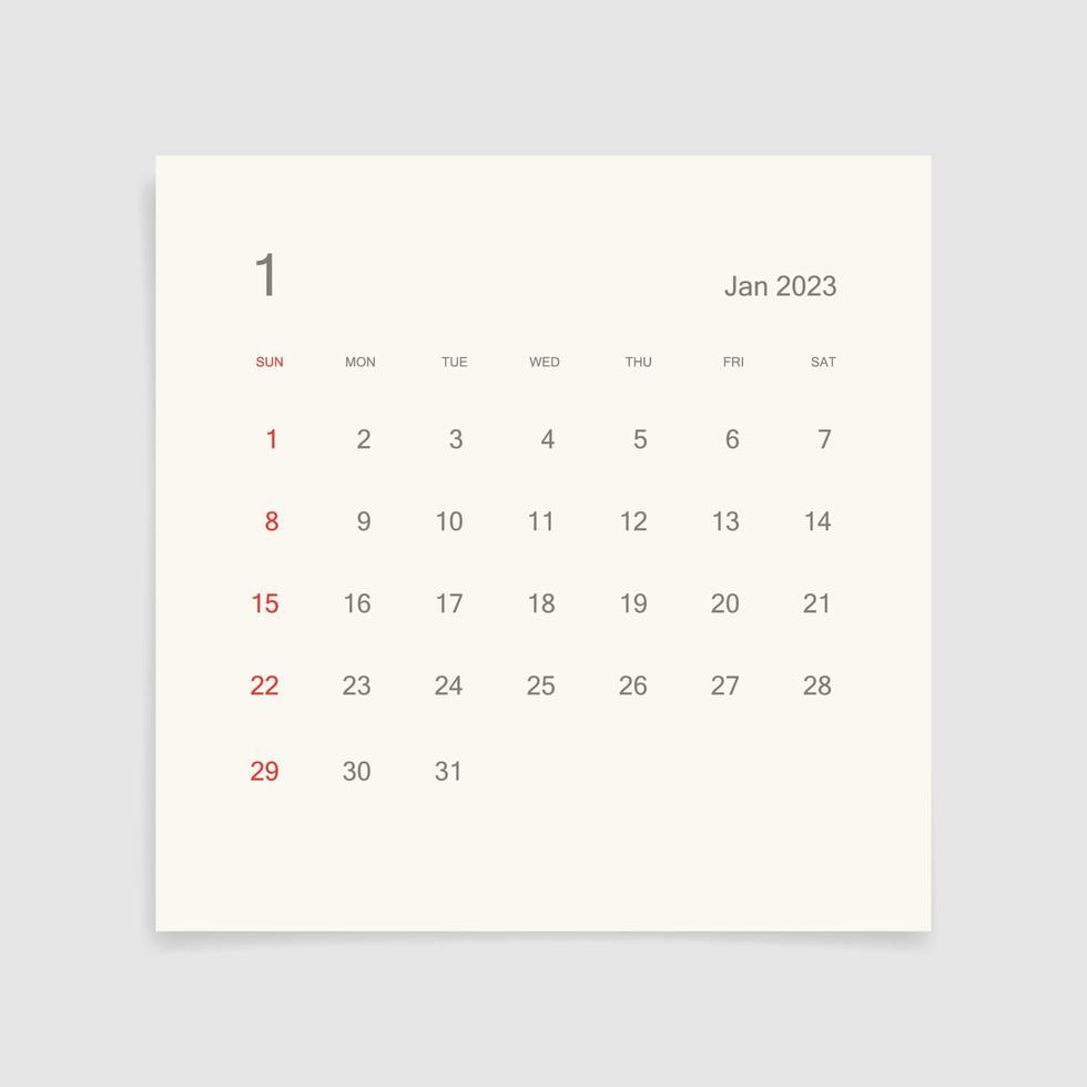 página de calendario de enero de 2023 sobre fondo blanco. fondo de calendario para recordatorio, planificación de negocios, reunión de citas y eventos. la semana comienza desde el domingo. vector. vector