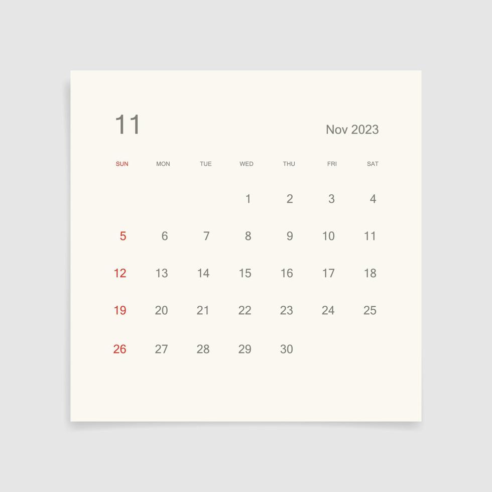 November 2023 calendar page on white background. Calendar background for reminder, business planning, appointment meeting and event. Week starts from Sunday. Vector. vector