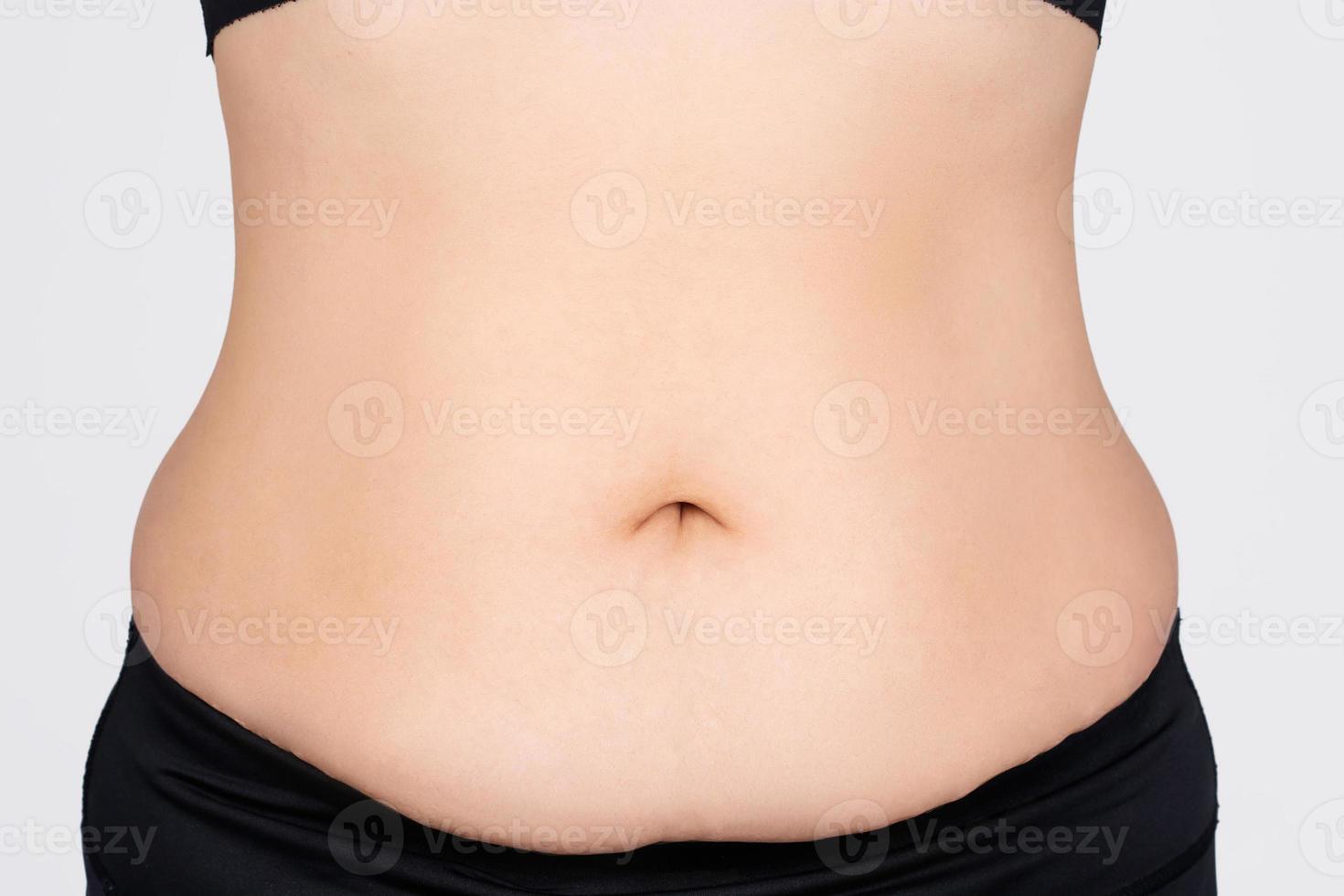 Asian fat woman is overweight She shows excess abdominal fat, standing isolated on white background. beauty concept photo