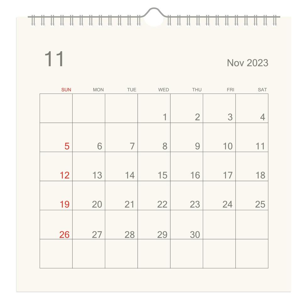 página de calendario de noviembre de 2023 sobre fondo blanco. fondo de calendario para recordatorio, planificación de negocios, reunión de citas y eventos. la semana comienza desde el domingo. vector. vector