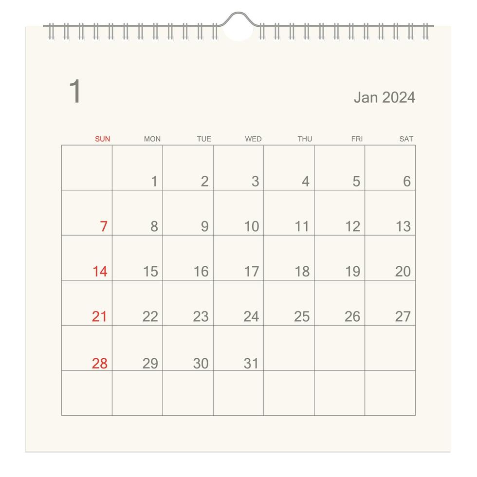 January 2024 calendar page on white background. Calendar background for reminder, business planning, appointment meeting and event. Week starts from Sunday. Vector. vector