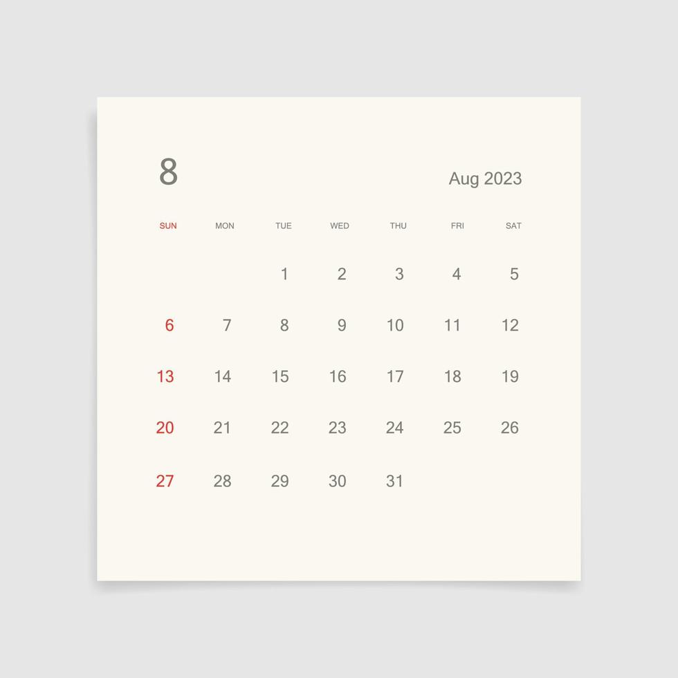 página del calendario de agosto de 2023 sobre fondo blanco. fondo de calendario para recordatorio, planificación de negocios, reunión de citas y eventos. la semana comienza desde el domingo. vector. vector