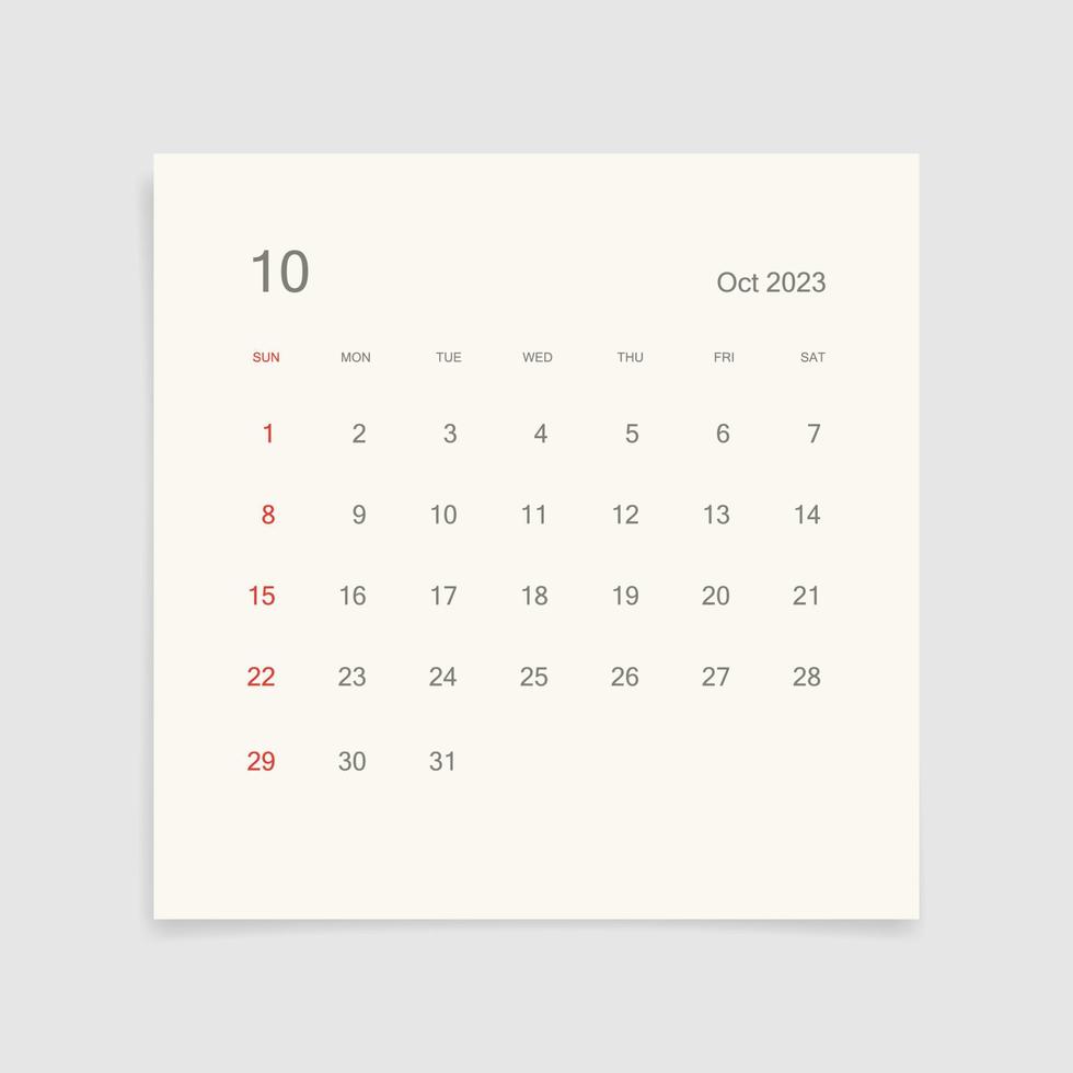 página del calendario de octubre de 2023 sobre fondo blanco. fondo de calendario para recordatorio, planificación de negocios, reunión de citas y eventos. la semana comienza desde el domingo. vector. vector