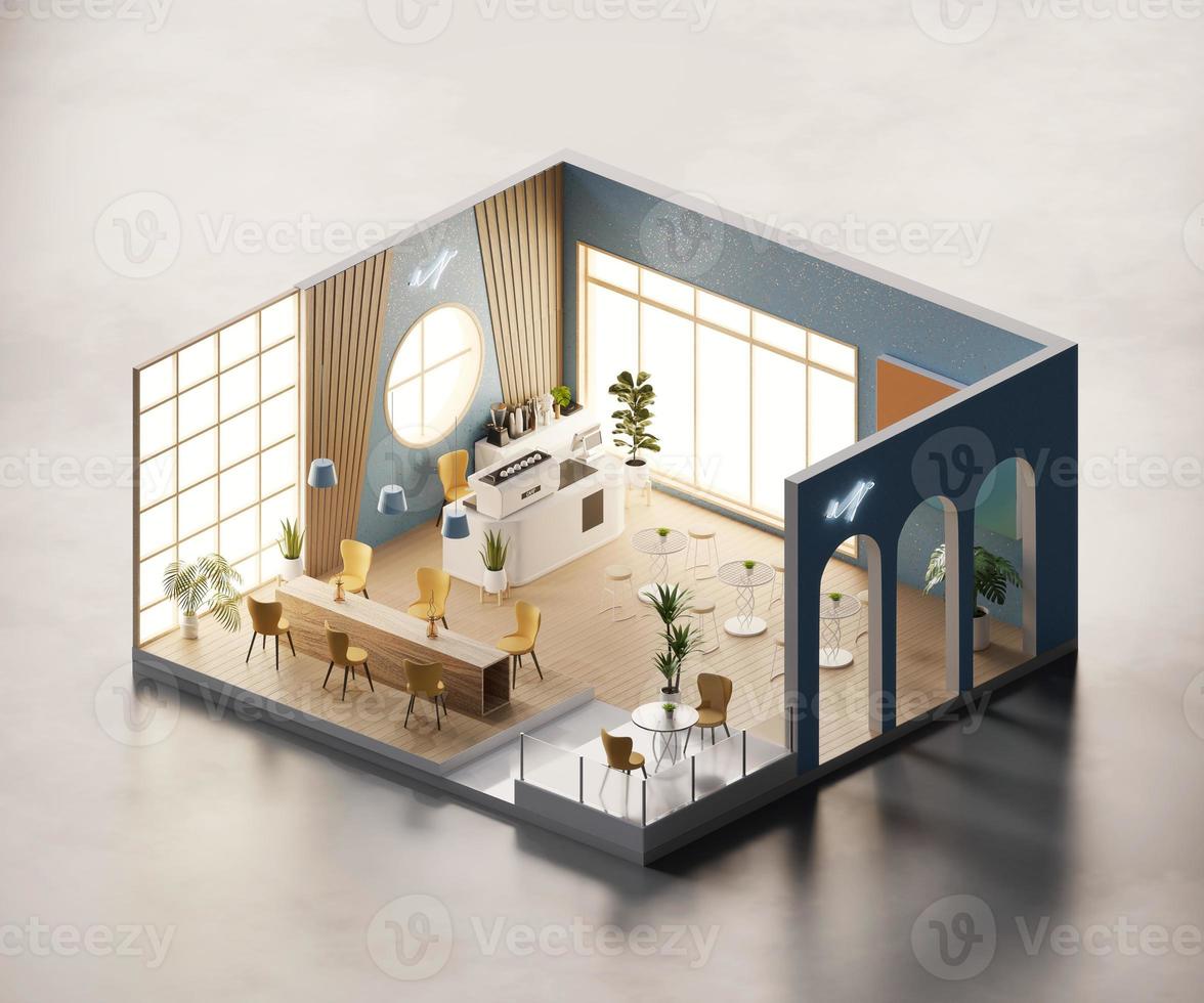 Isometric view minimal cafe store open inside interior architecture, 3d rendering digital art. photo
