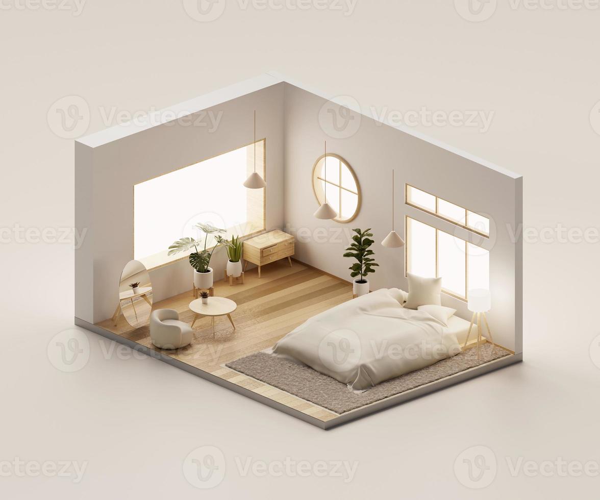 Isometric view bed room muji style open inside interior architecture, 3d rendering digital art. photo