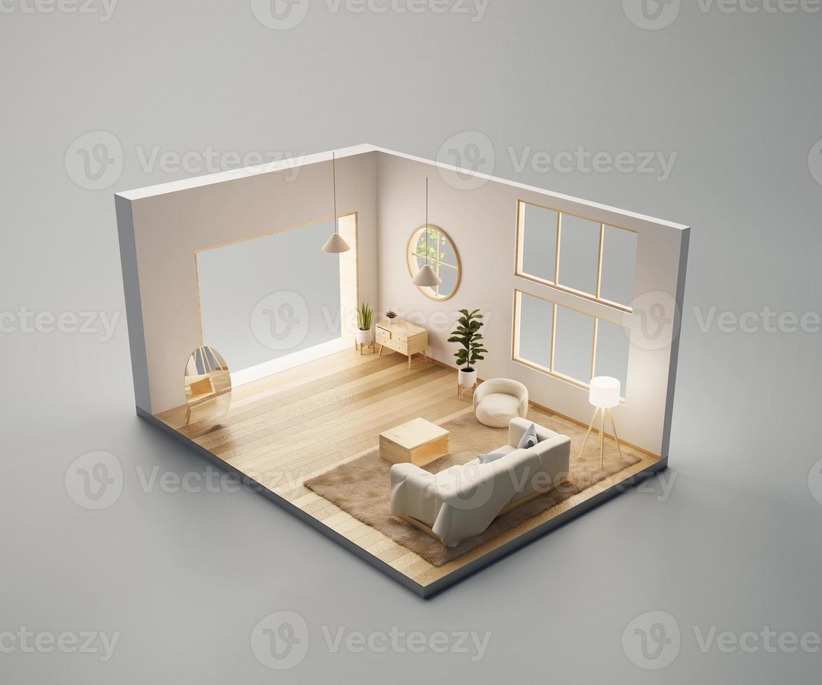 Perspective view living room muji style open inside interior architecture, 3d rendering digital art. photo