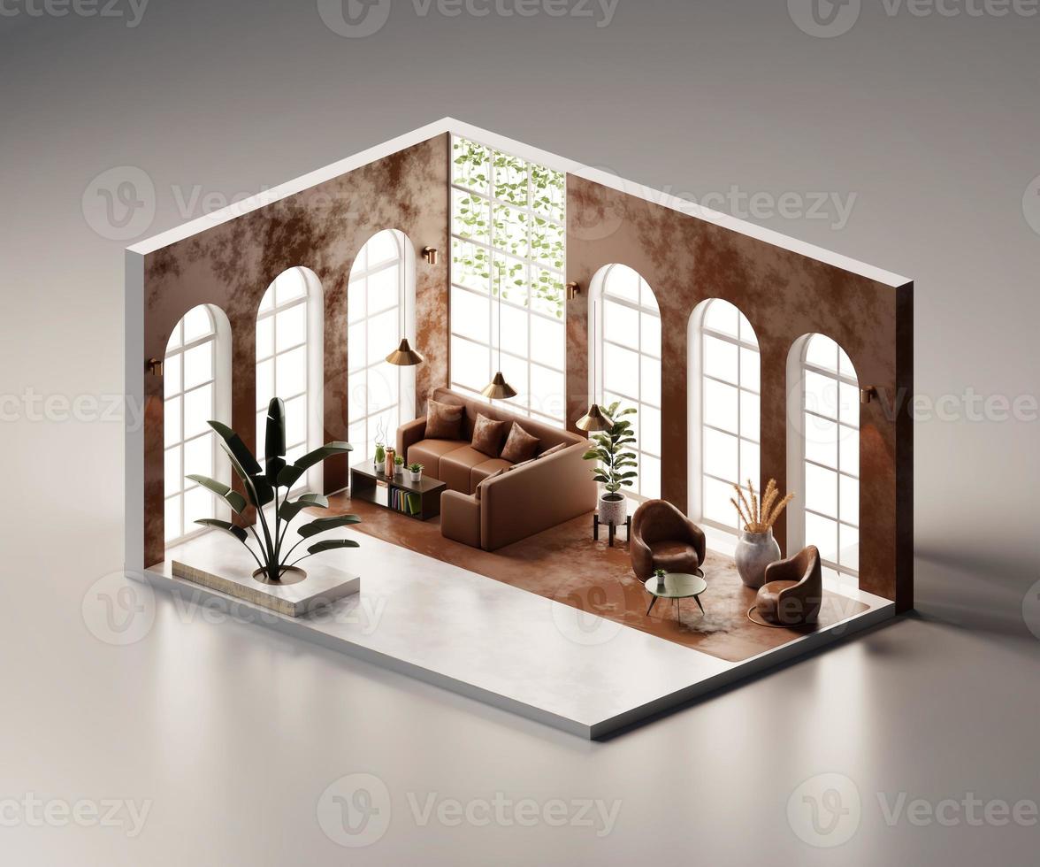 Isometric view living room open inside interior architecture, 3d rendering digital art. photo